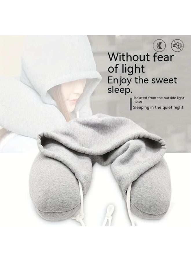 Light Grey Ergonomic Travel Neck Pillow With Noise Reducing Hood For Airplane Train Office - Image 1